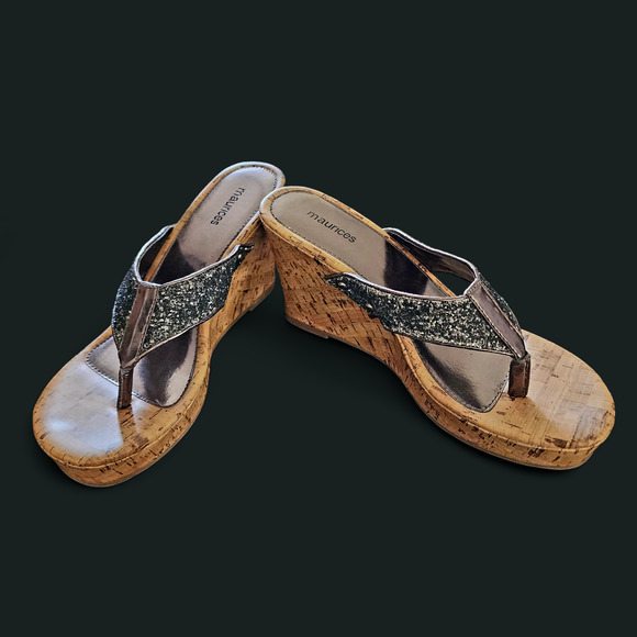 Maurices wedge gun metal gray glitter with light bronze leather sandals size 11 - Picture 1 of 6